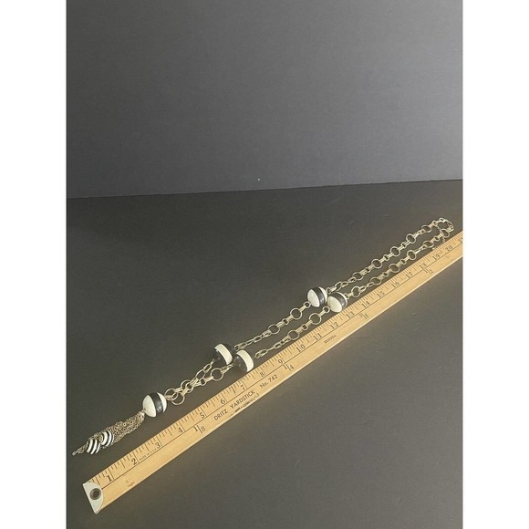 MCM VINTAGE ART DECO BLACK WHITE STRIPED BEAD RETRO TASSEL NECKLACE 36” - Picture 9 of 9